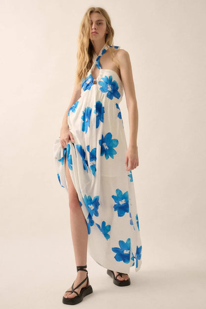 Beauty Awaits Floral Cross-Front Halter Maxi Dress