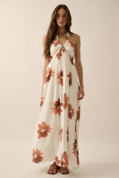 Beauty Awaits Floral Cross-Front Halter Maxi Dress