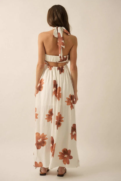 Beauty Awaits Floral Cross-Front Halter Maxi Dress