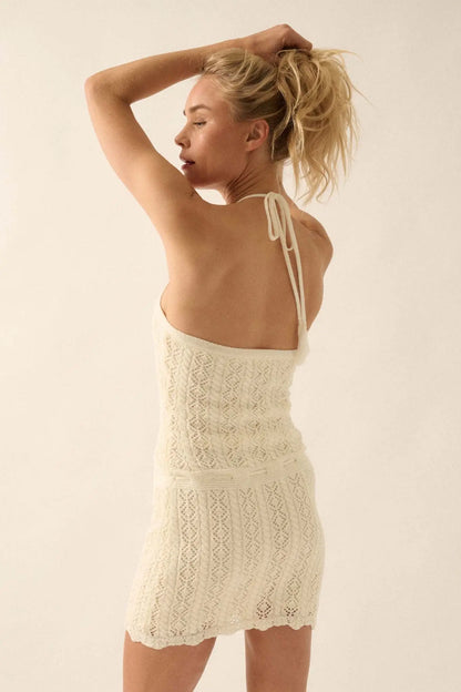 Pretty Twisted Crochet Knit Halter Mini Dress