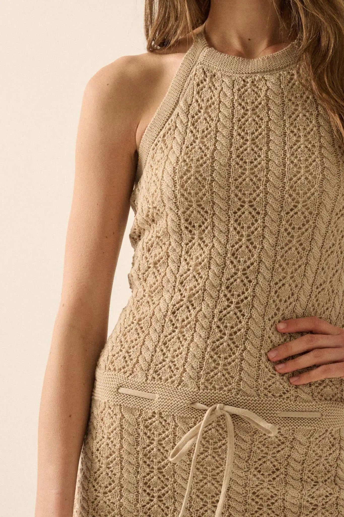 Pretty Twisted Crochet Knit Halter Mini Dress