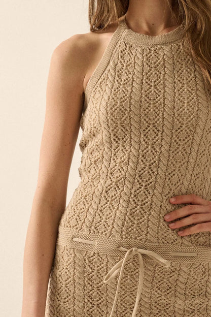 Pretty Twisted Crochet Knit Halter Mini Dress