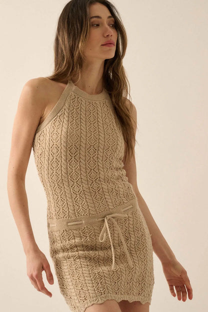 Pretty Twisted Crochet Knit Halter Mini Dress
