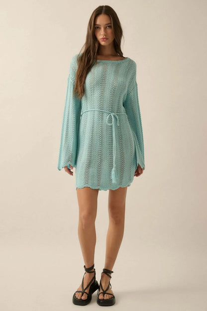 Feeling Fine Crochet Knit Bell-Sleeve Mini Dress
