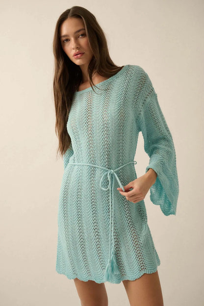 Feeling Fine Crochet Knit Bell-Sleeve Mini Dress