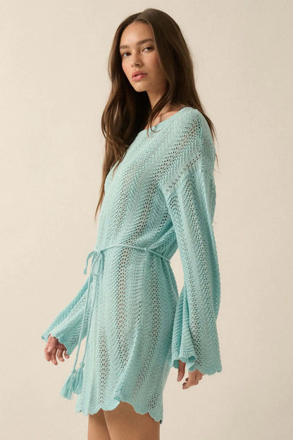 Feeling Fine Crochet Knit Bell-Sleeve Mini Dress