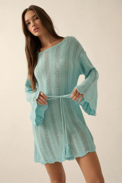 Feeling Fine Crochet Knit Bell-Sleeve Mini Dress