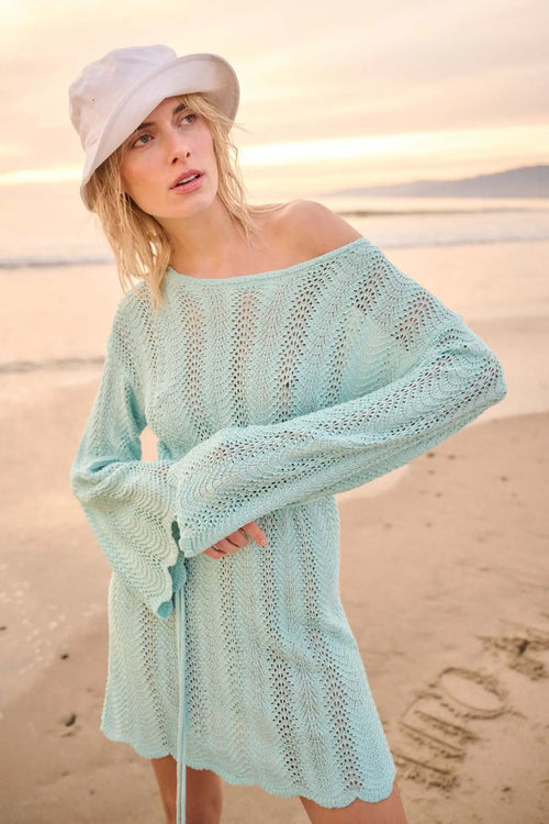 Feeling Fine Crochet Knit Bell-Sleeve Mini Dress