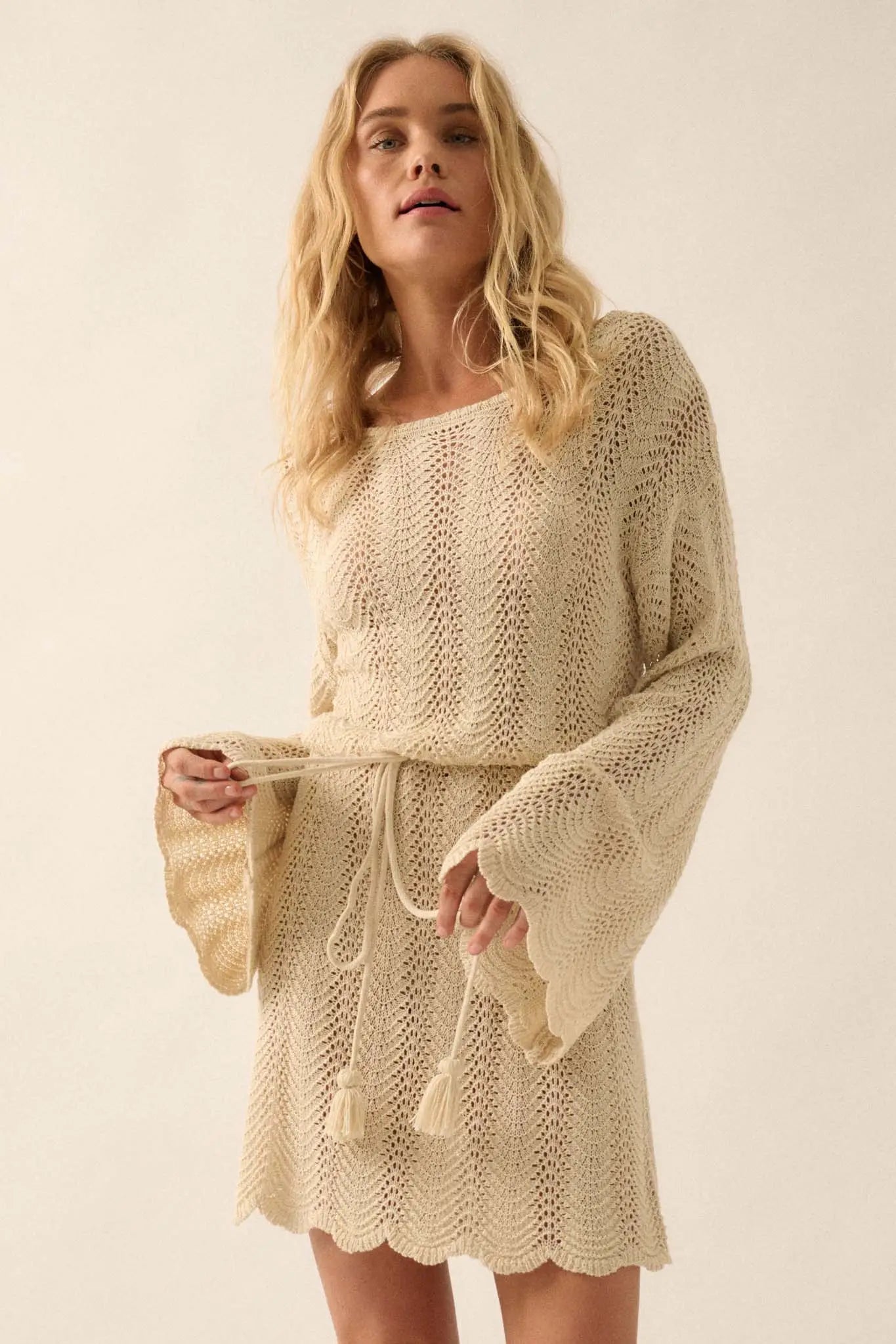 Feeling Fine Crochet Knit Bell-Sleeve Mini Dress