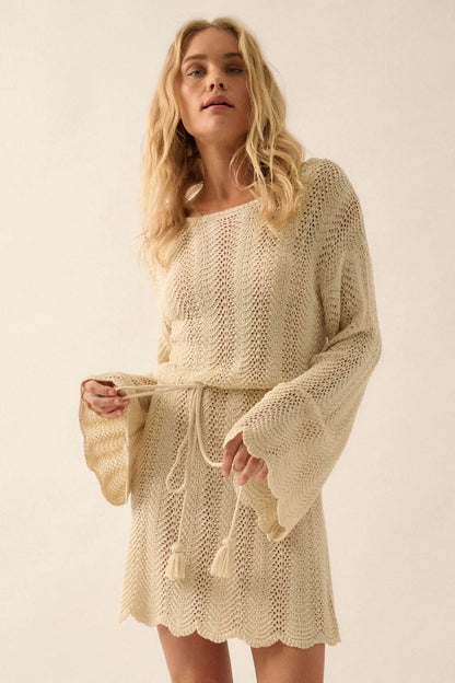 Feeling Fine Crochet Knit Bell-Sleeve Mini Dress
