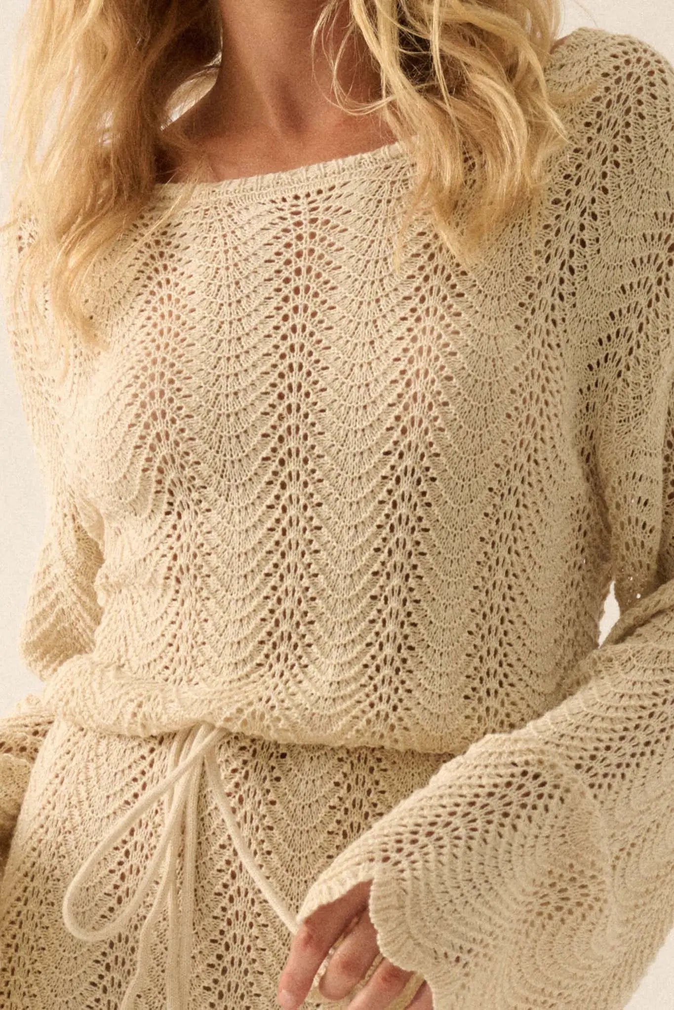 Feeling Fine Crochet Knit Bell-Sleeve Mini Dress