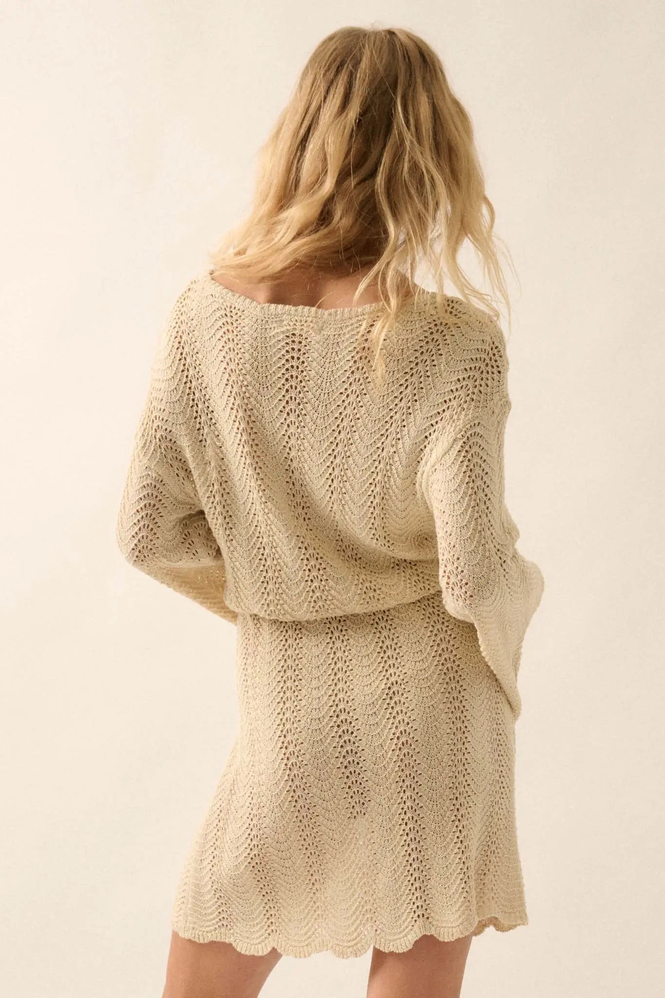 Feeling Fine Crochet Knit Bell-Sleeve Mini Dress