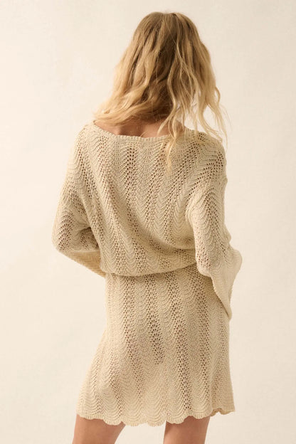 Feeling Fine Crochet Knit Bell-Sleeve Mini Dress