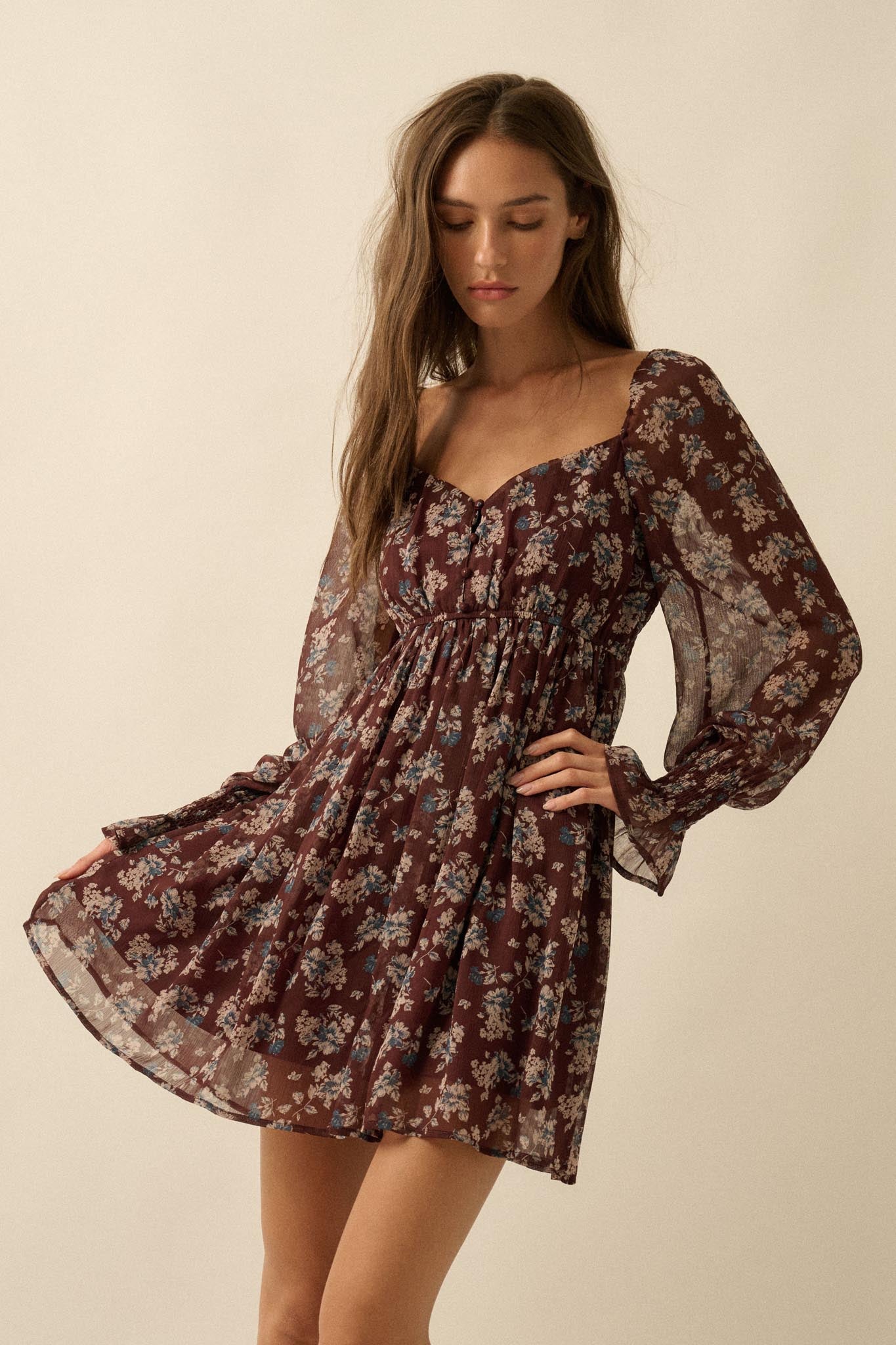 Blooming Fields Floral Chiffon Peasant Mini Dress