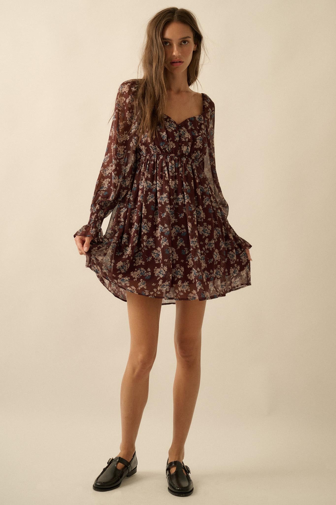 Blooming Fields Floral Chiffon Peasant Mini Dress