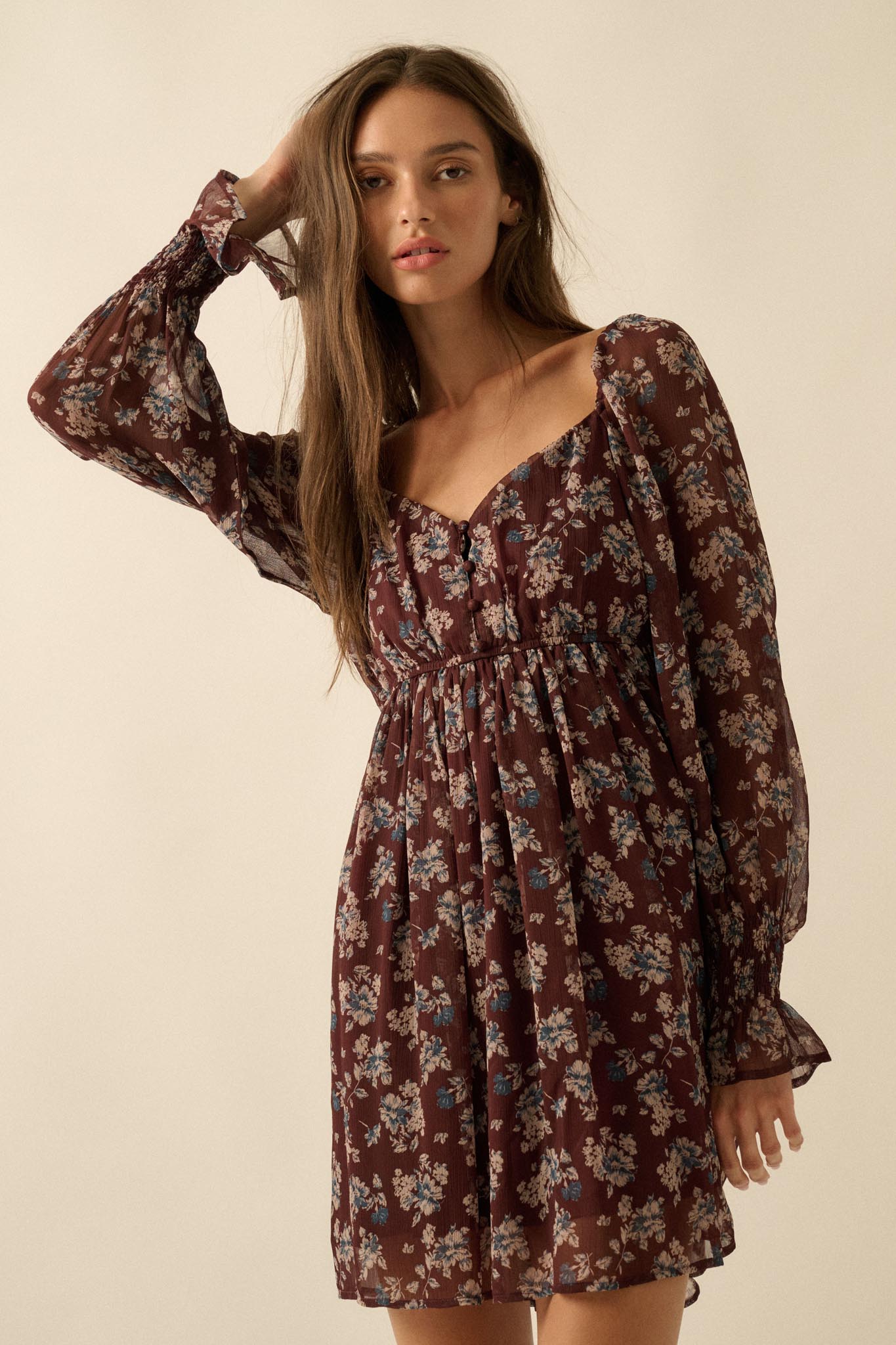 Blooming Fields Floral Chiffon Peasant Mini Dress