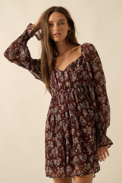 Blooming Fields Floral Chiffon Peasant Mini Dress