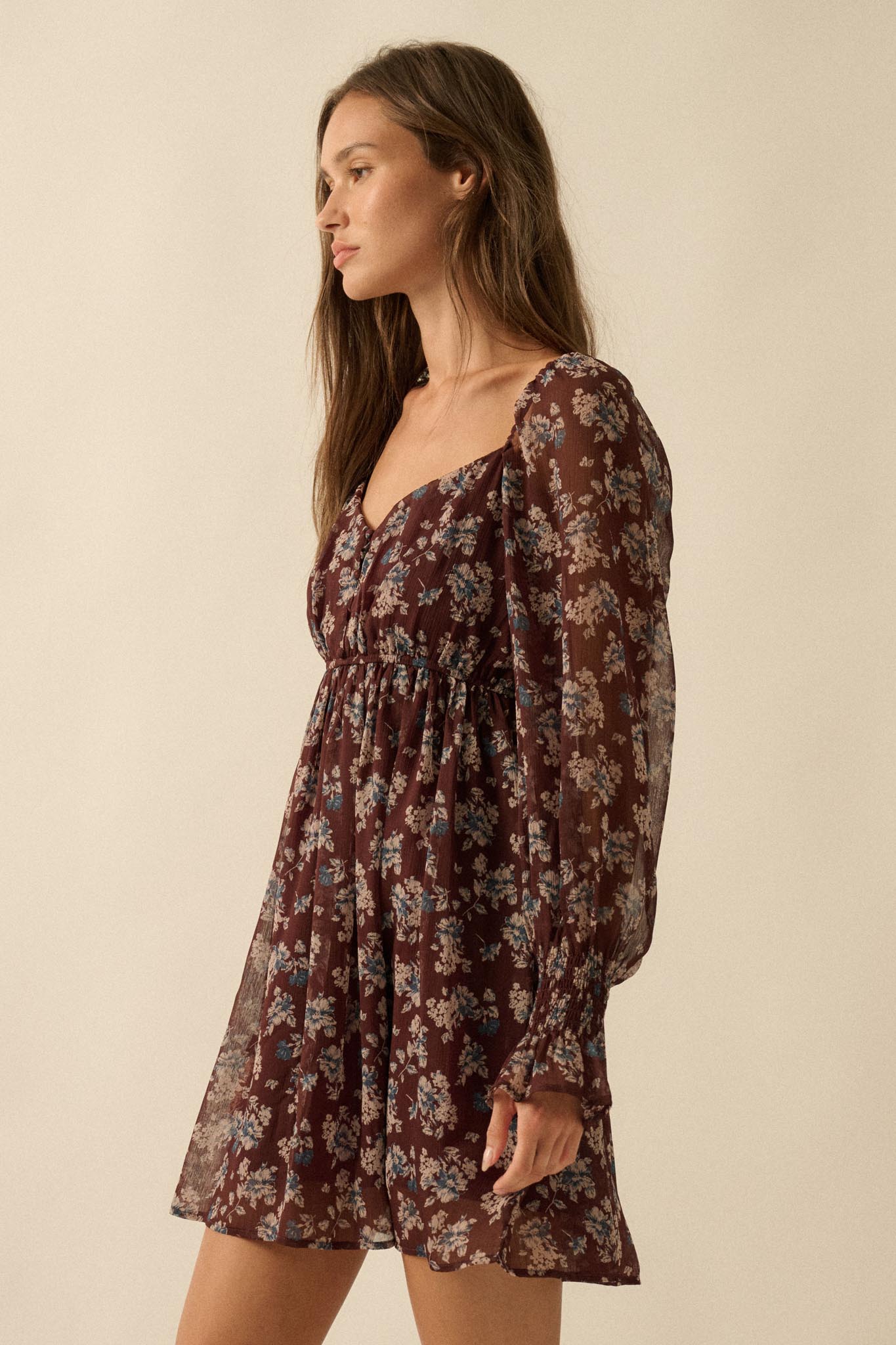 Blooming Fields Floral Chiffon Peasant Mini Dress