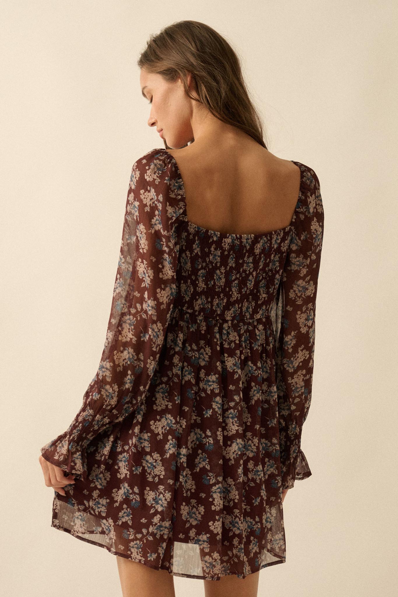 Blooming Fields Floral Chiffon Peasant Mini Dress
