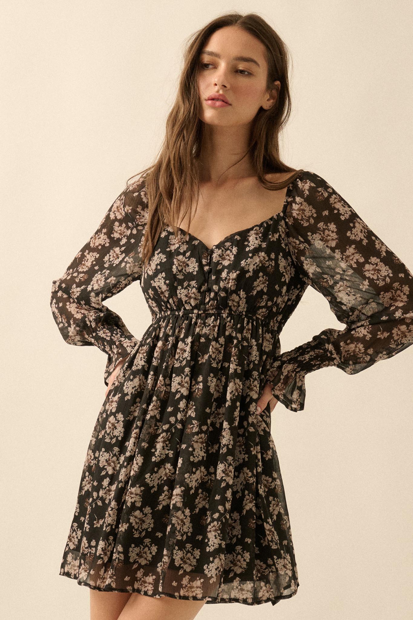 Blooming Fields Floral Chiffon Peasant Mini Dress