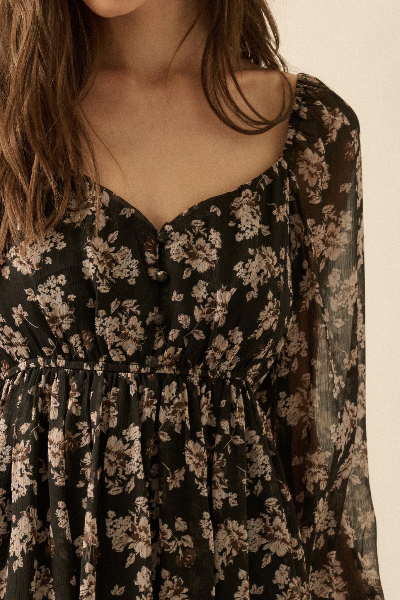 Blooming Fields Floral Chiffon Peasant Mini Dress