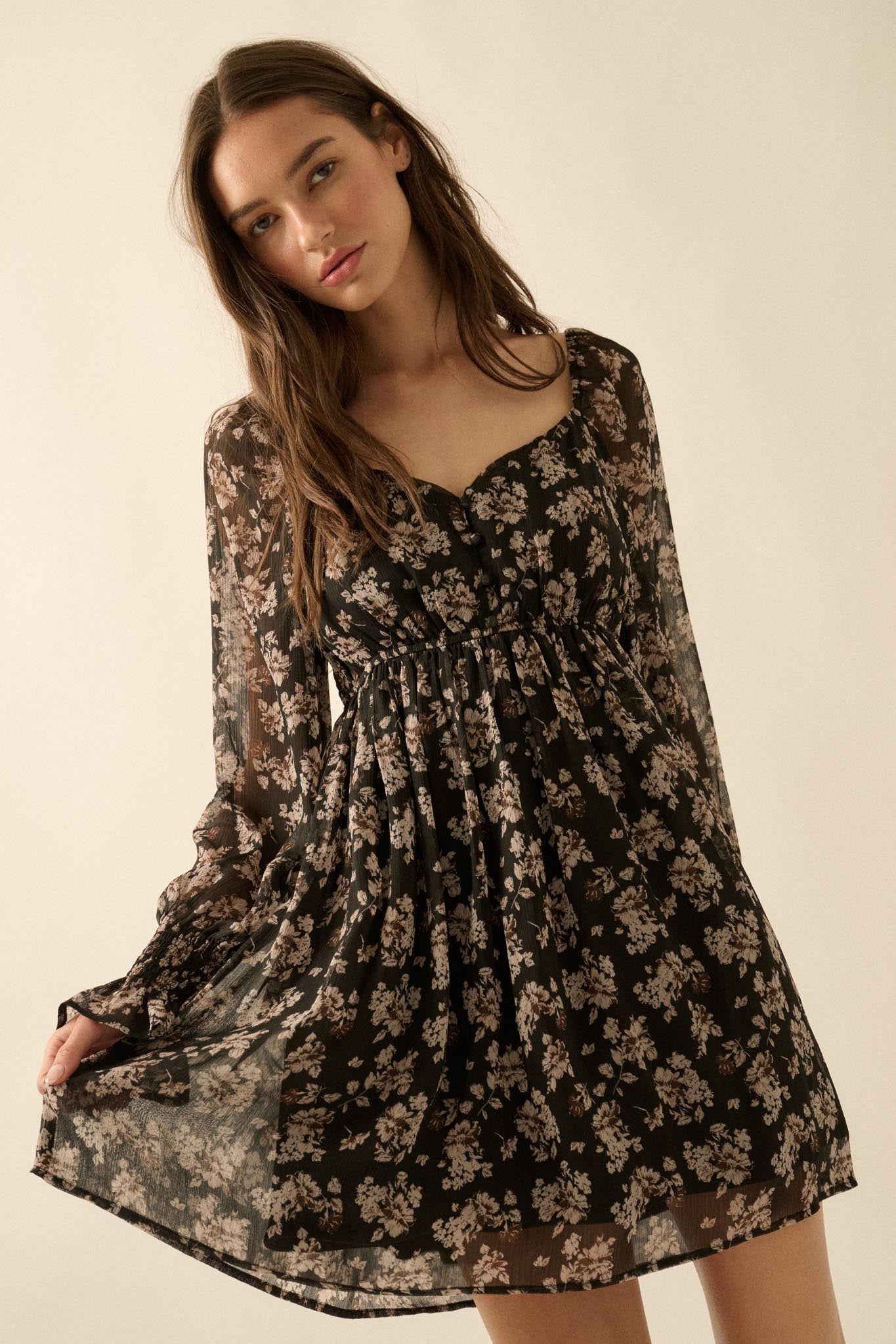 Blooming Fields Floral Chiffon Peasant Mini Dress