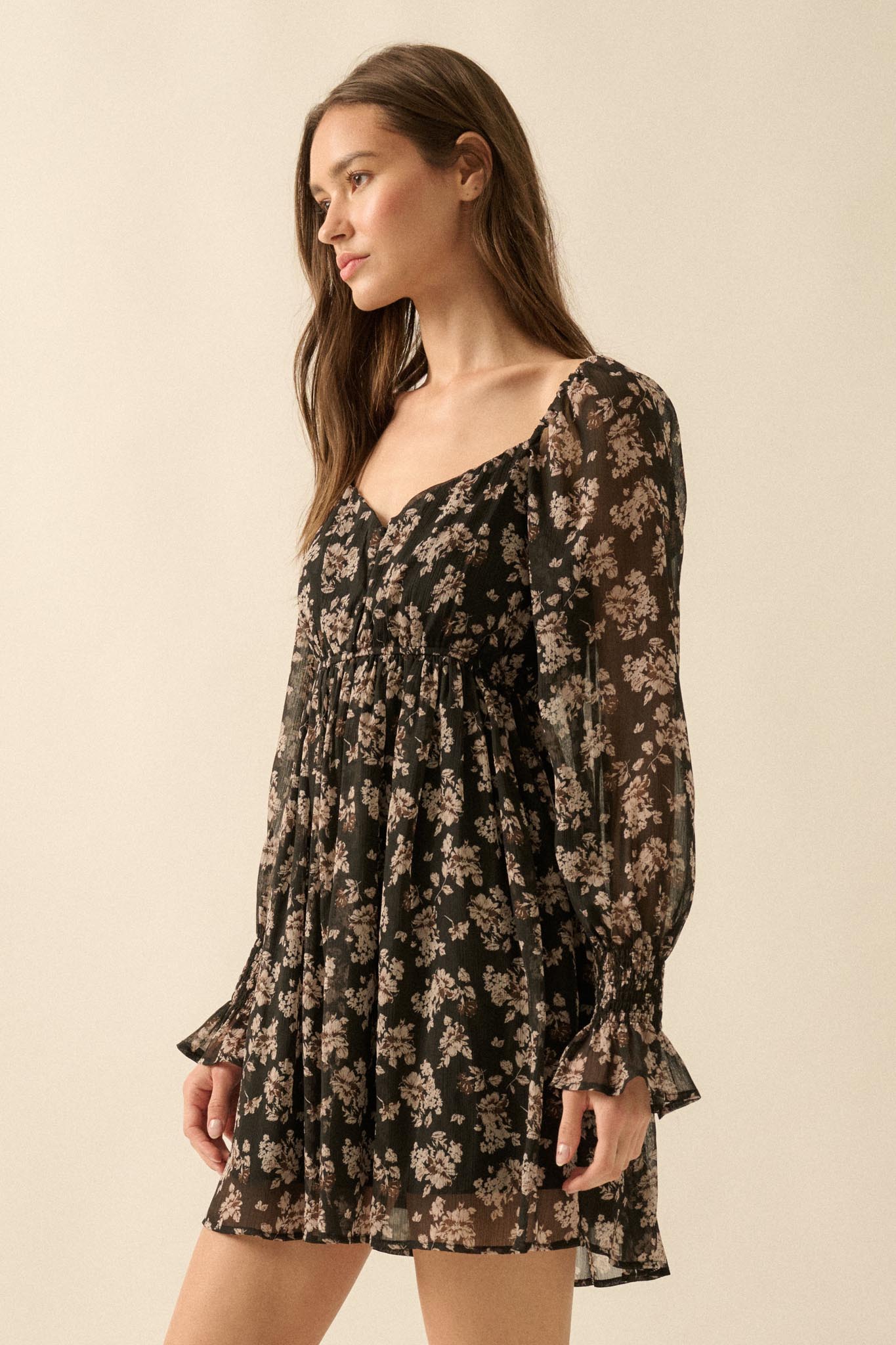 Blooming Fields Floral Chiffon Peasant Mini Dress