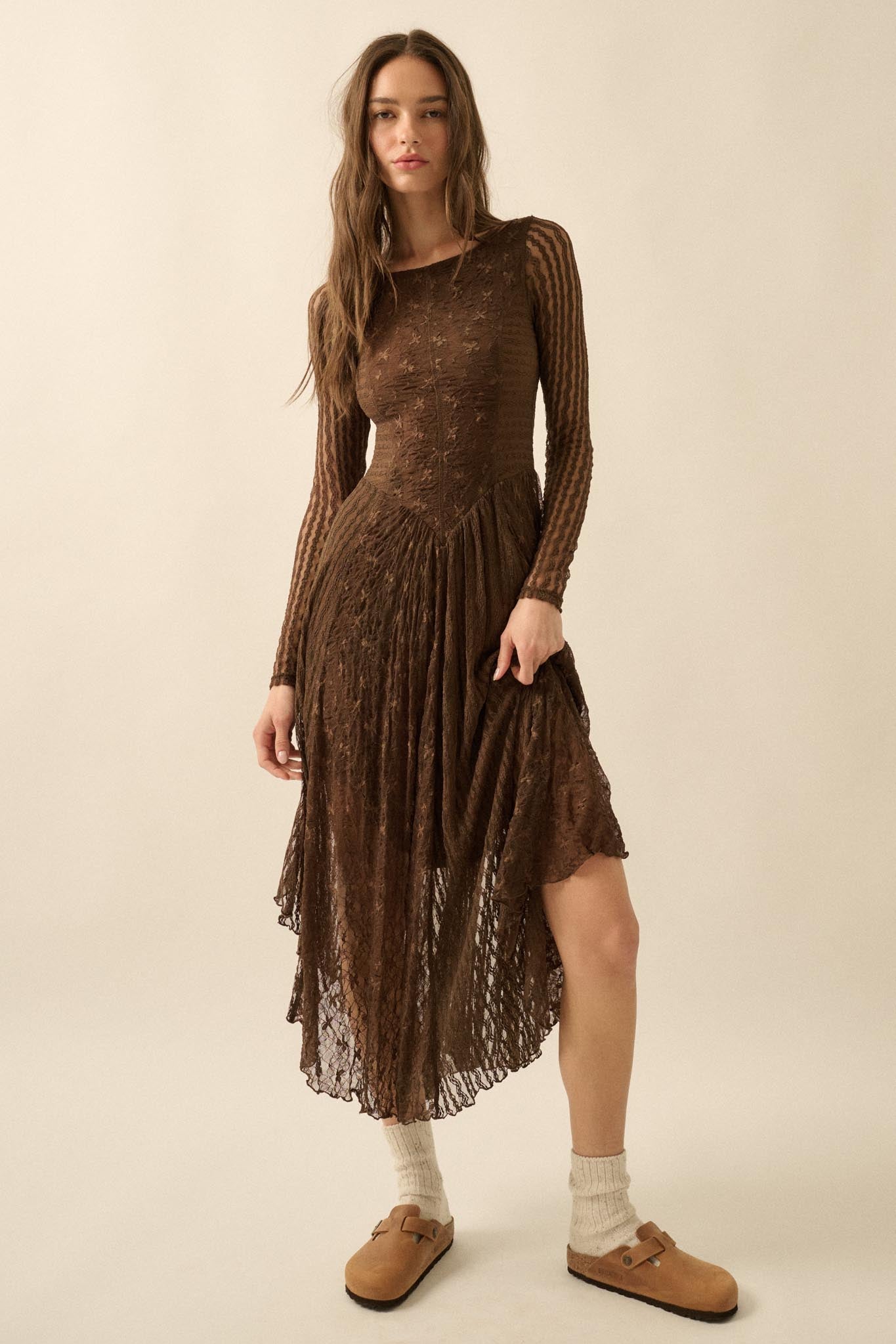 Divine Beauty Paneled Lace Handkerchief Midi Dress