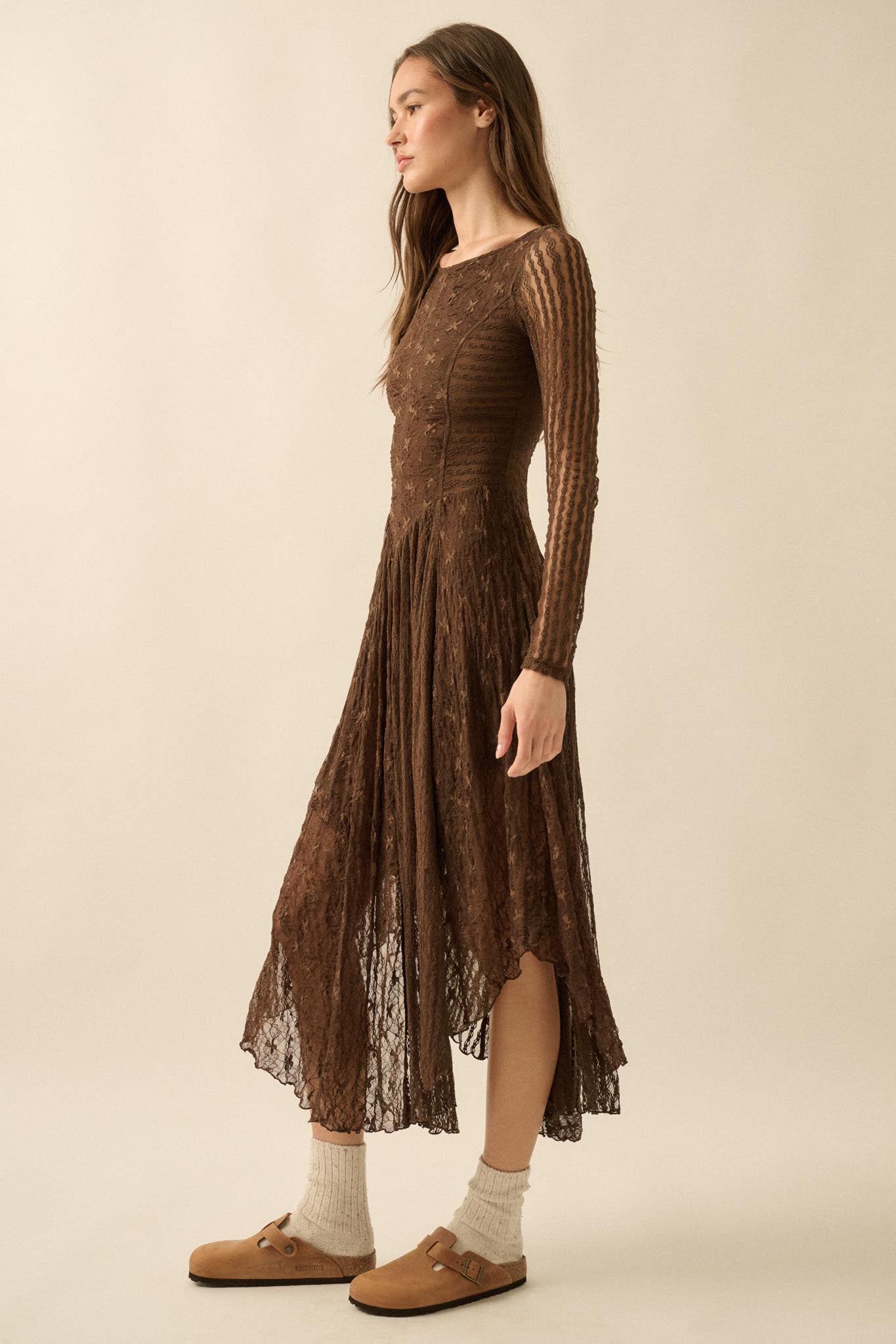 Divine Beauty Paneled Lace Handkerchief Midi Dress