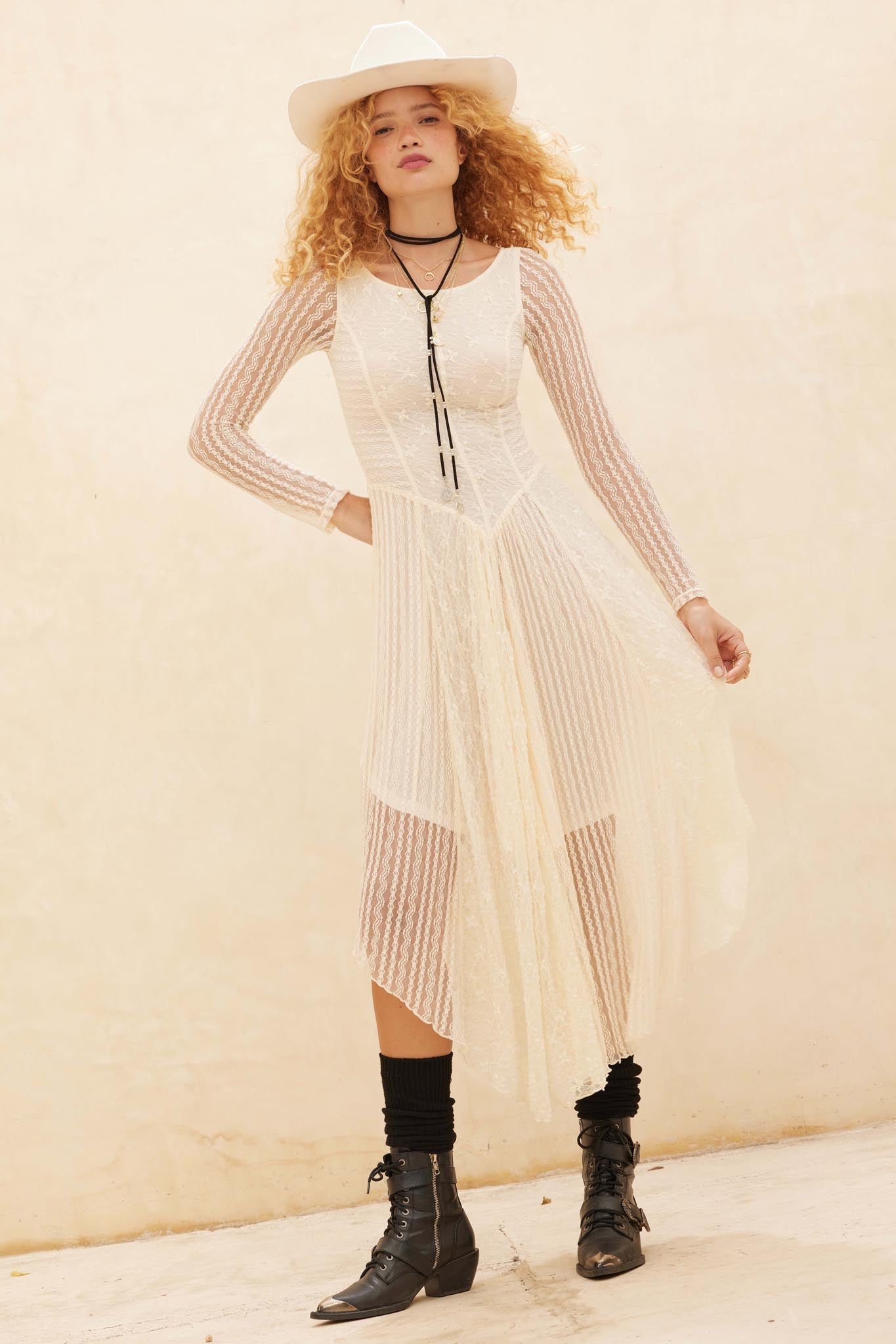 Divine Beauty Paneled Lace Handkerchief Midi Dress
