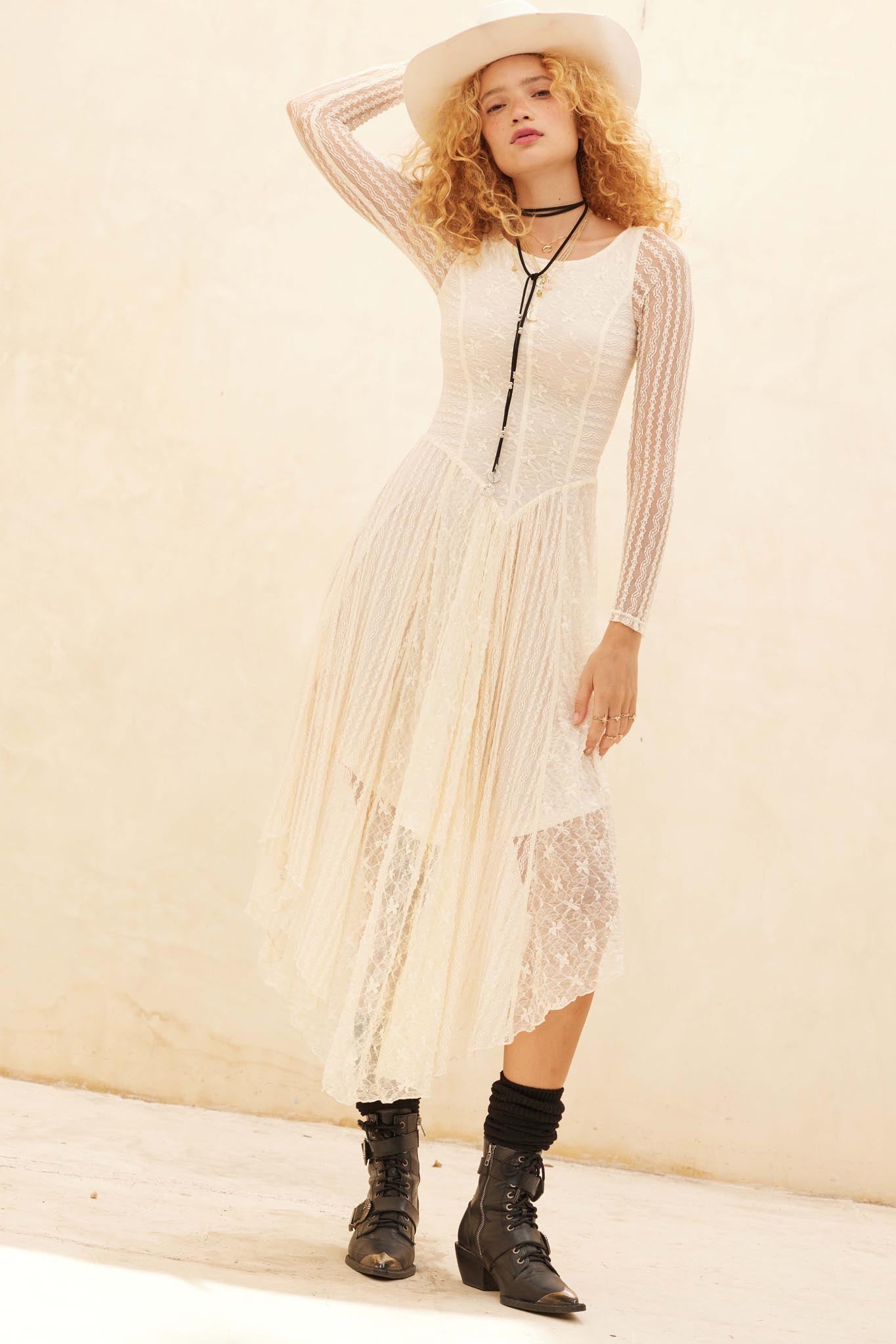 Divine Beauty Paneled Lace Handkerchief Midi Dress