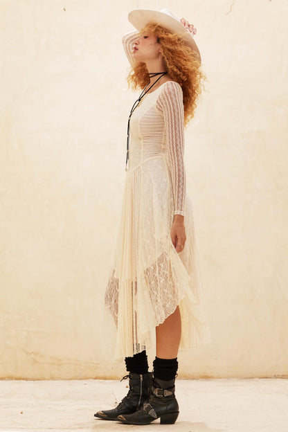 Divine Beauty Paneled Lace Handkerchief Midi Dress