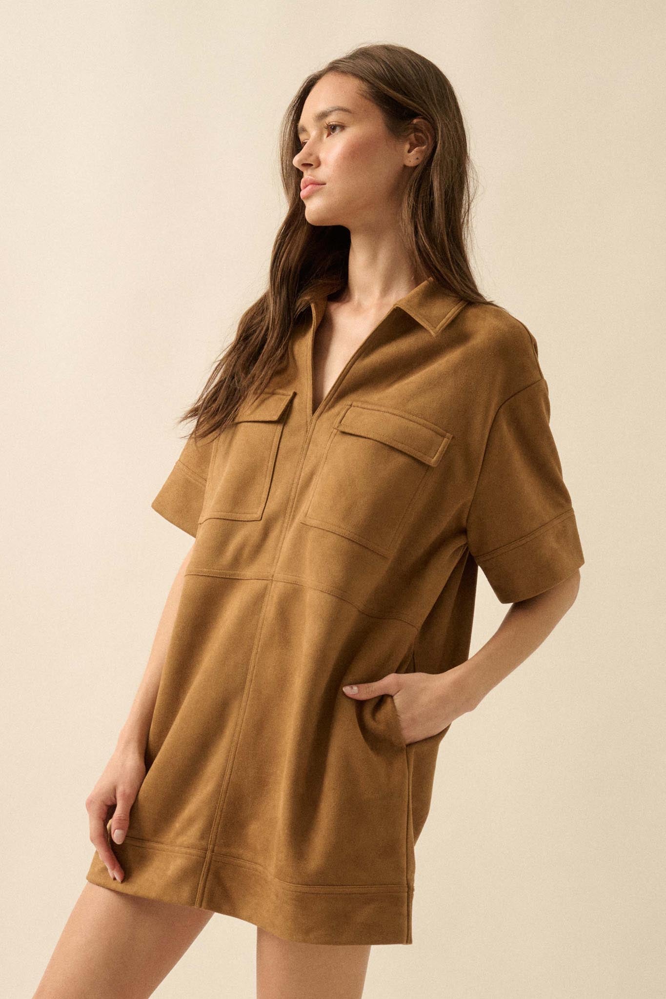 Soft Option Vegan Suede Mini Tunic Shirt Dress