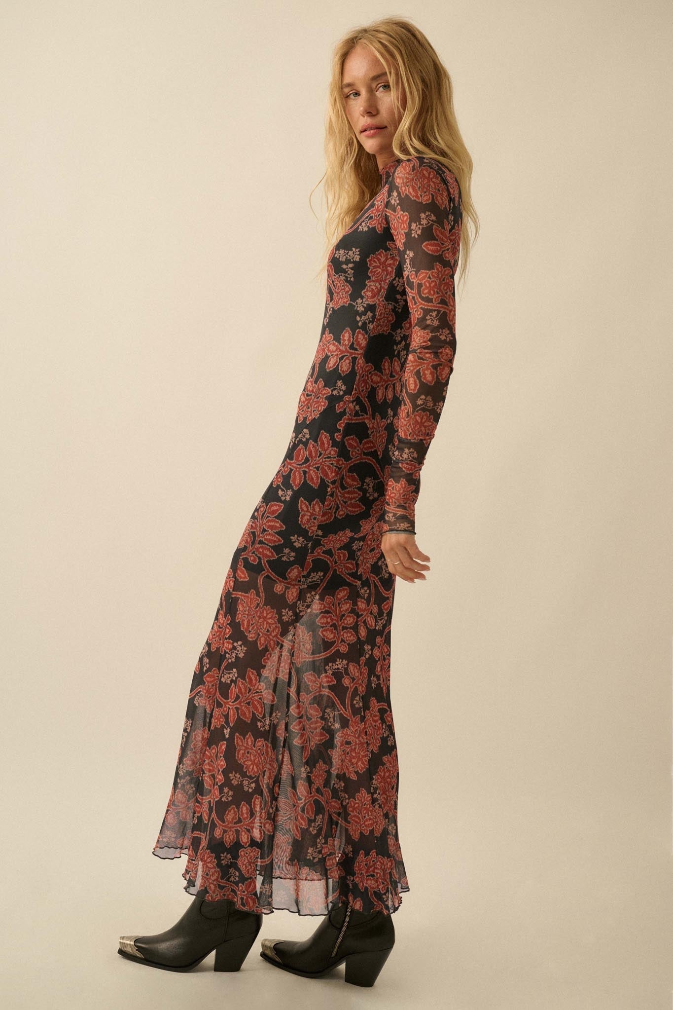 Baroque Beauty Floral Mesh Mermaid Maxi Dress