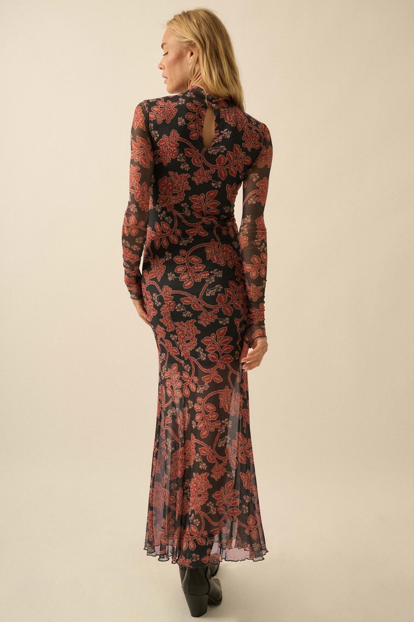 Baroque Beauty Floral Mesh Mermaid Maxi Dress