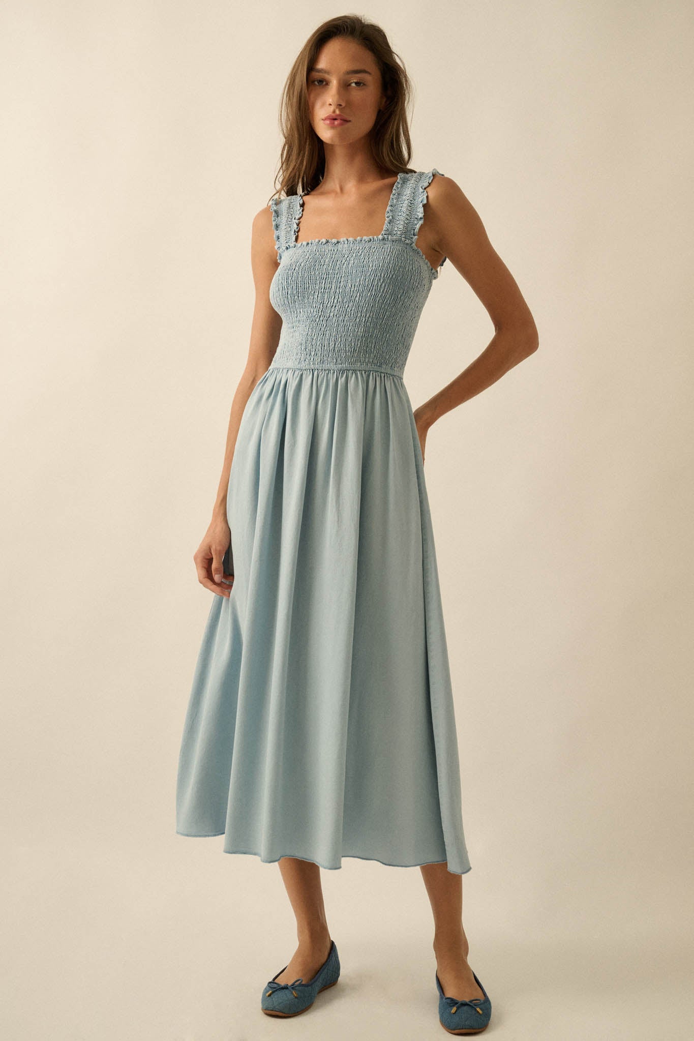 Blue Horizon Smocked Denim Square-Neck Midi Dress