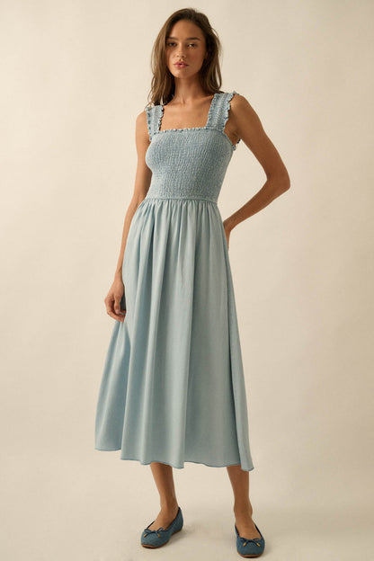 Blue Horizon Smocked Denim Square-Neck Midi Dress
