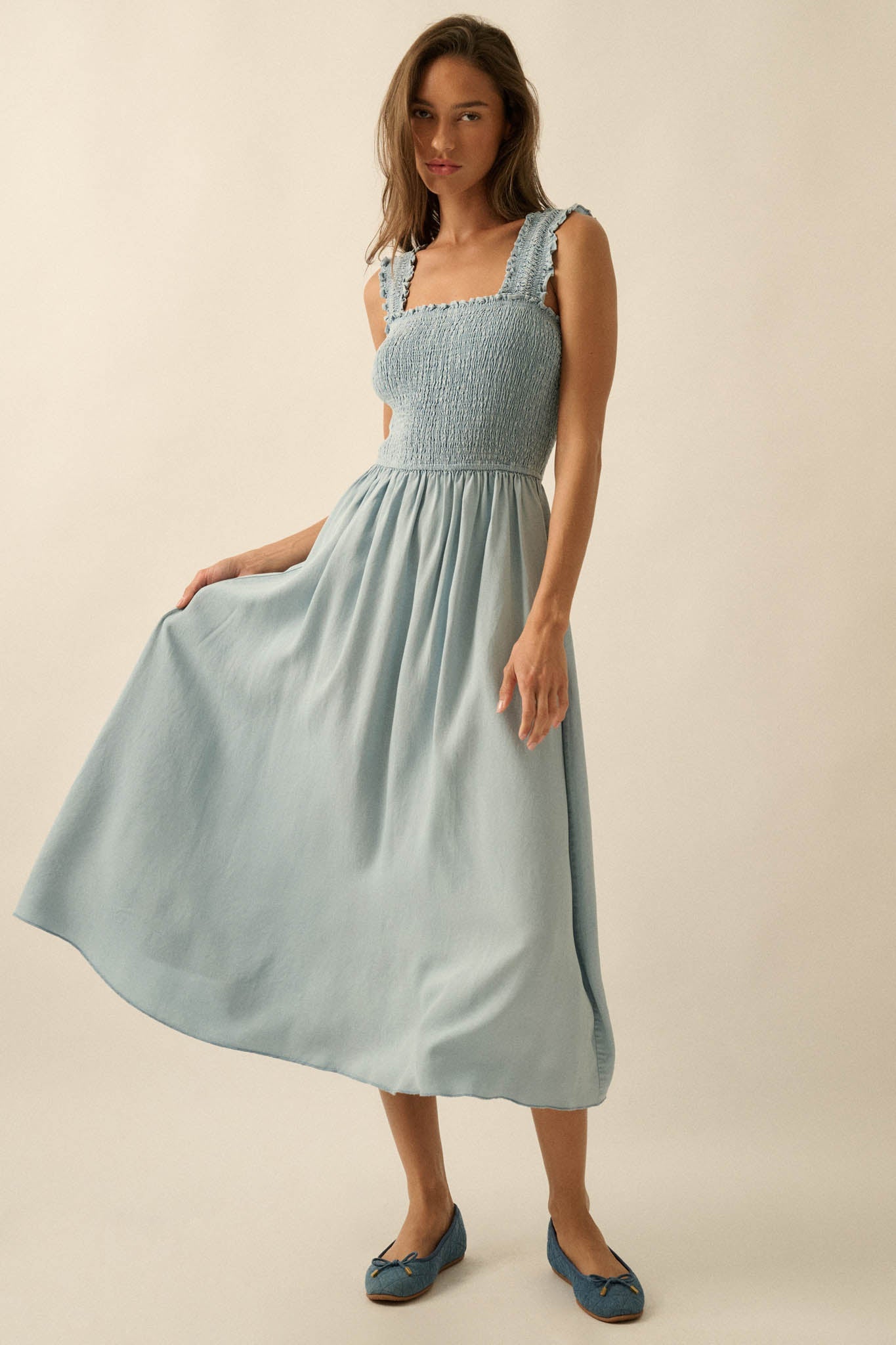 Blue Horizon Smocked Denim Square-Neck Midi Dress