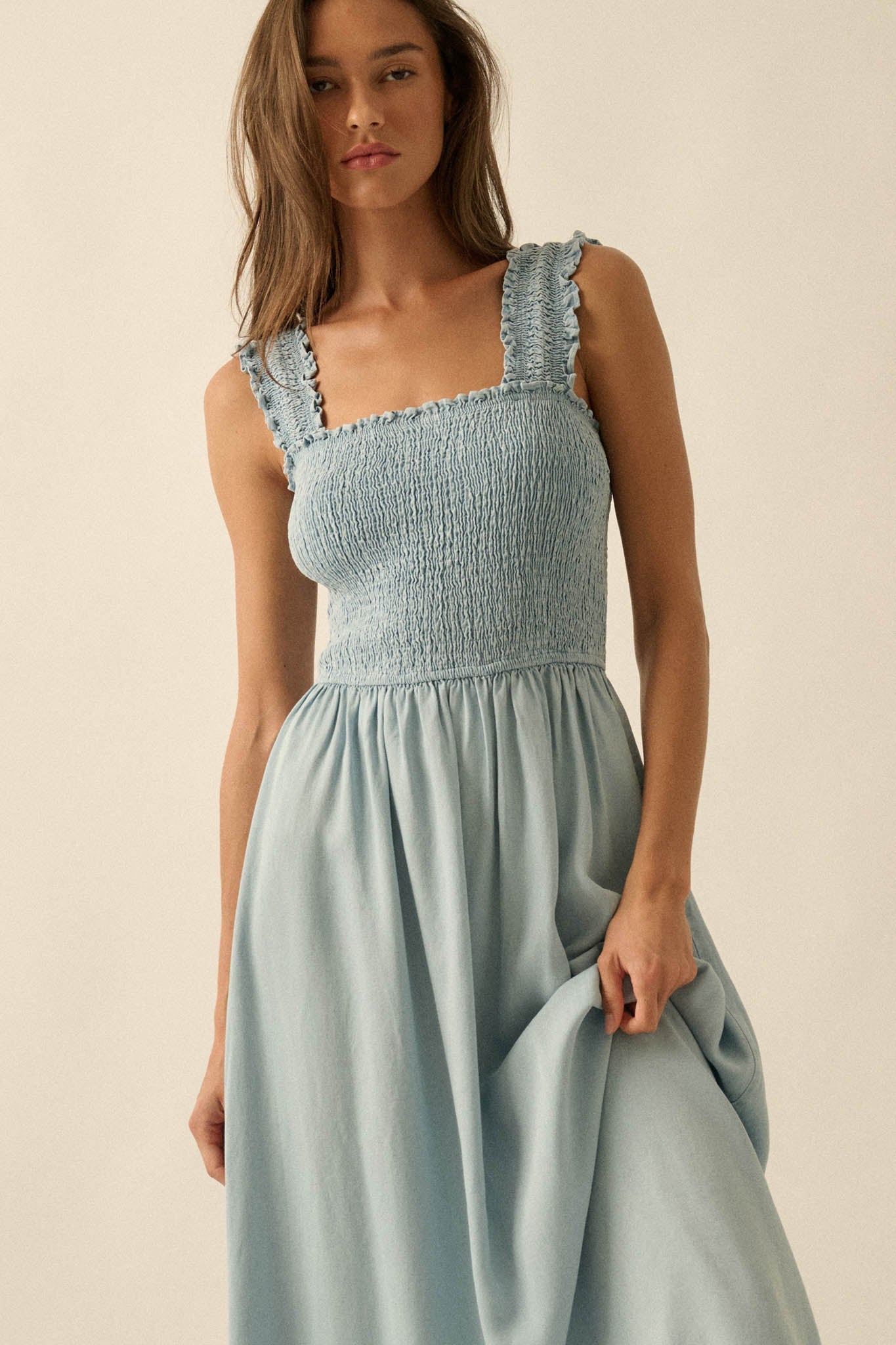 Blue Horizon Smocked Denim Square-Neck Midi Dress