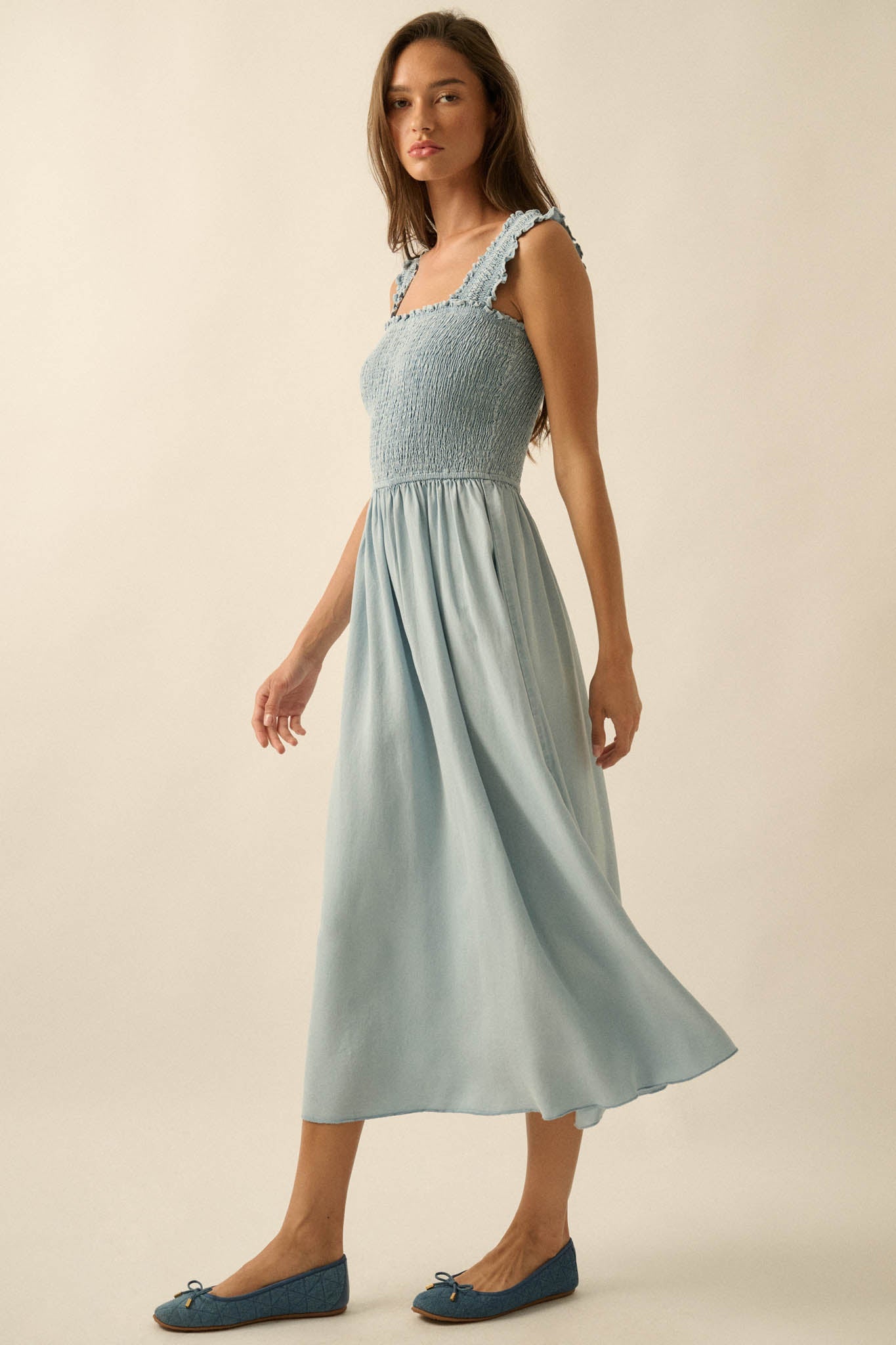 Blue Horizon Smocked Denim Square-Neck Midi Dress