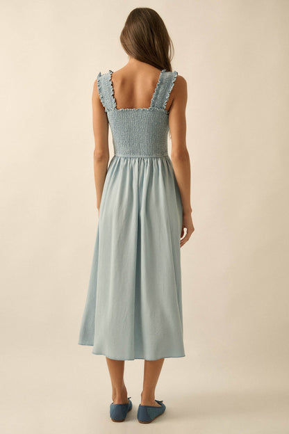 Blue Horizon Smocked Denim Square-Neck Midi Dress
