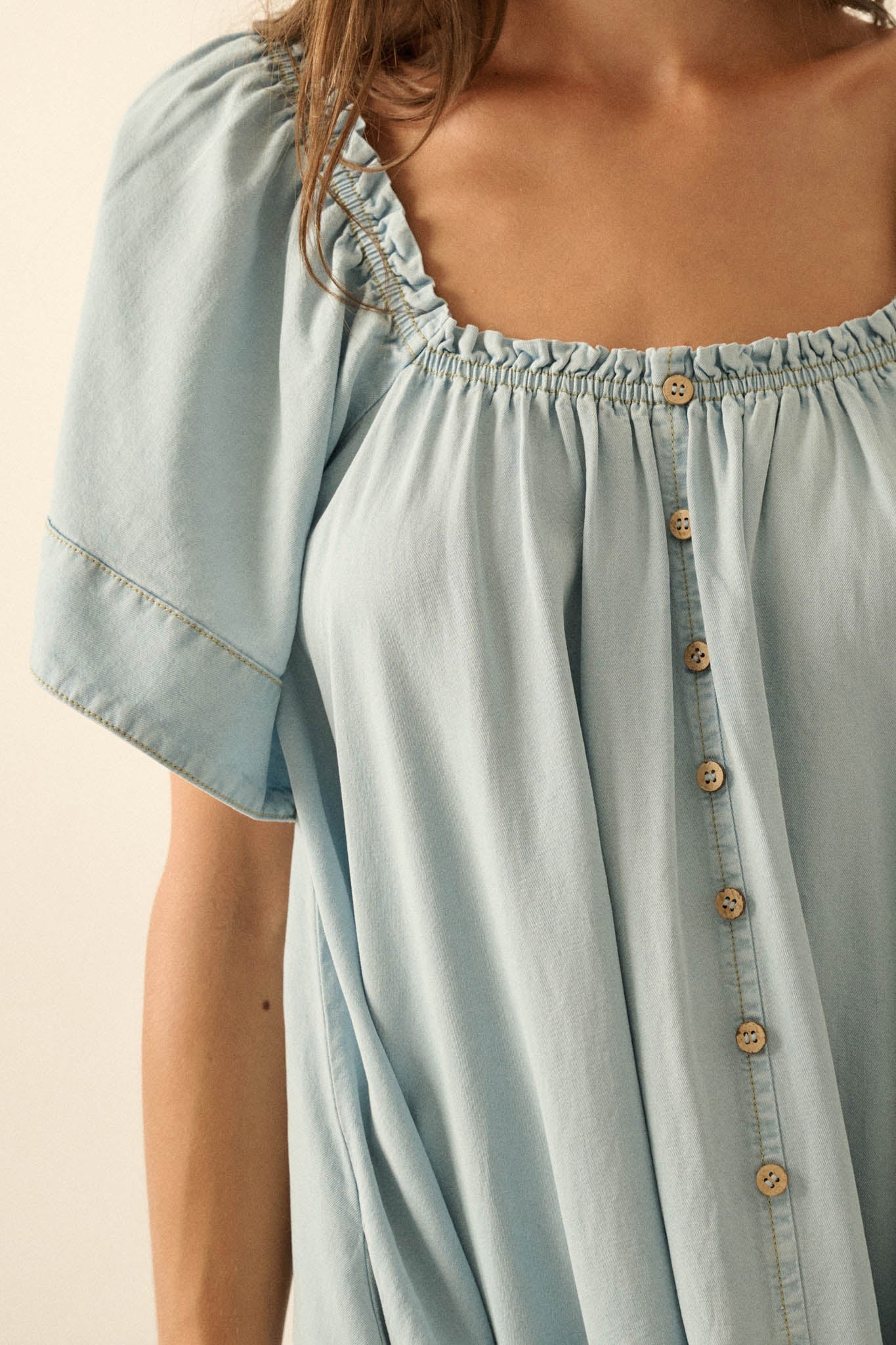 Morning Skies Denim Square-Neck Mini Shift Dress