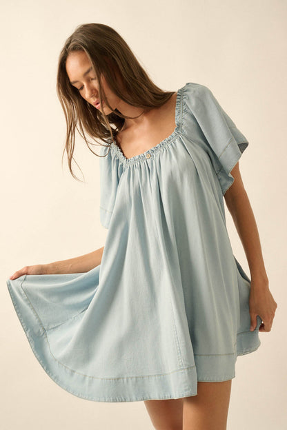 Morning Skies Denim Square-Neck Mini Shift Dress