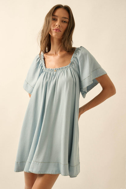 Morning Skies Denim Square-Neck Mini Shift Dress