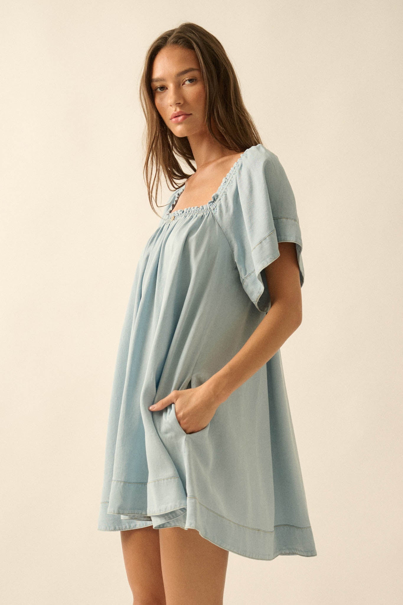 Morning Skies Denim Square-Neck Mini Shift Dress