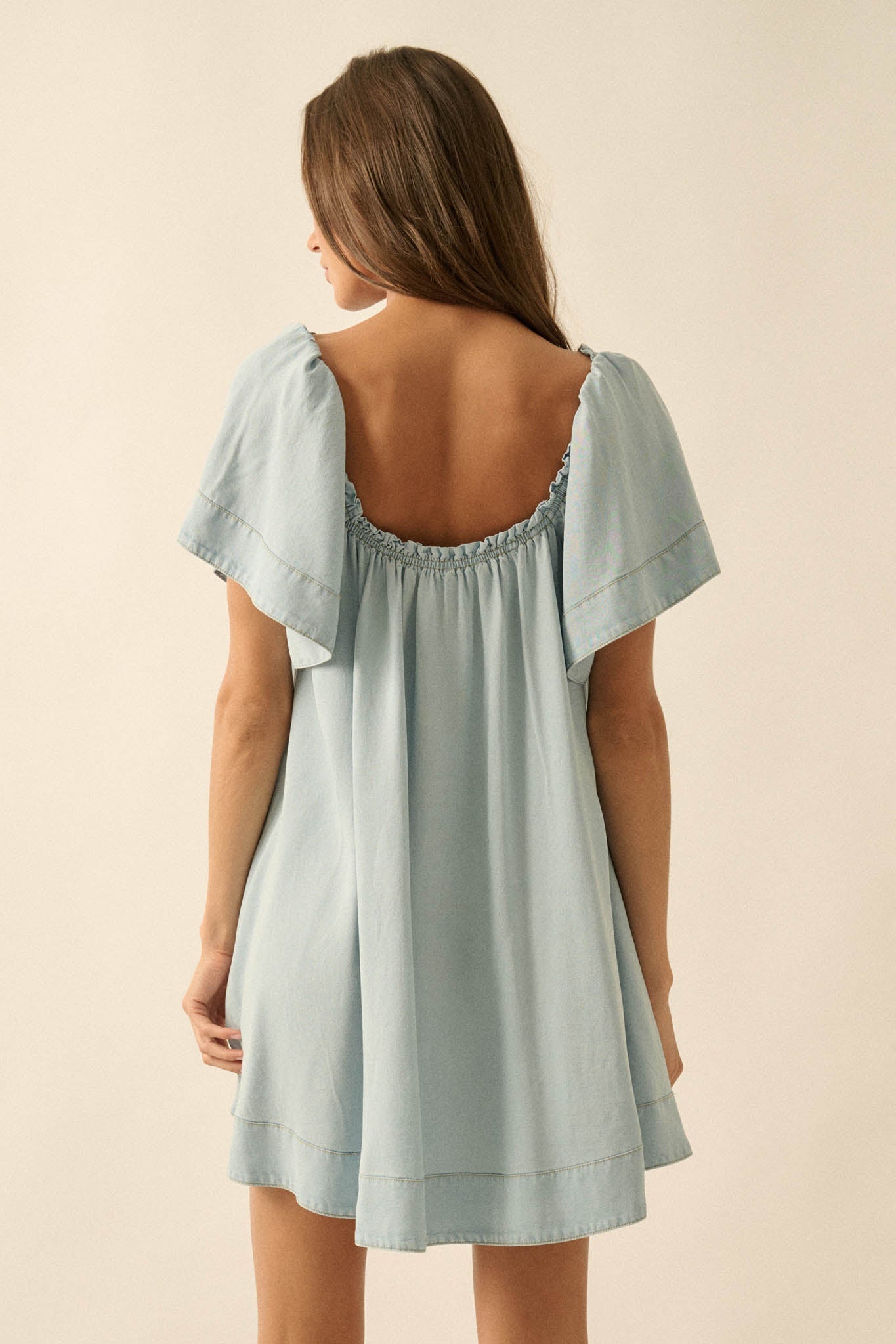 Morning Skies Denim Square-Neck Mini Shift Dress