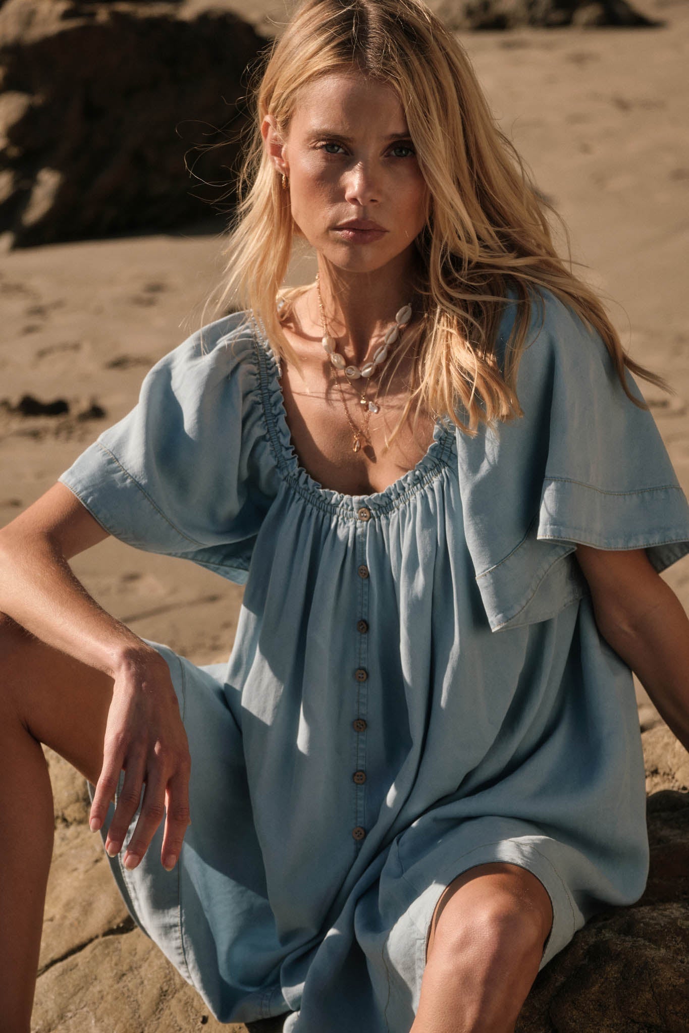 Morning Skies Denim Square-Neck Mini Shift Dress
