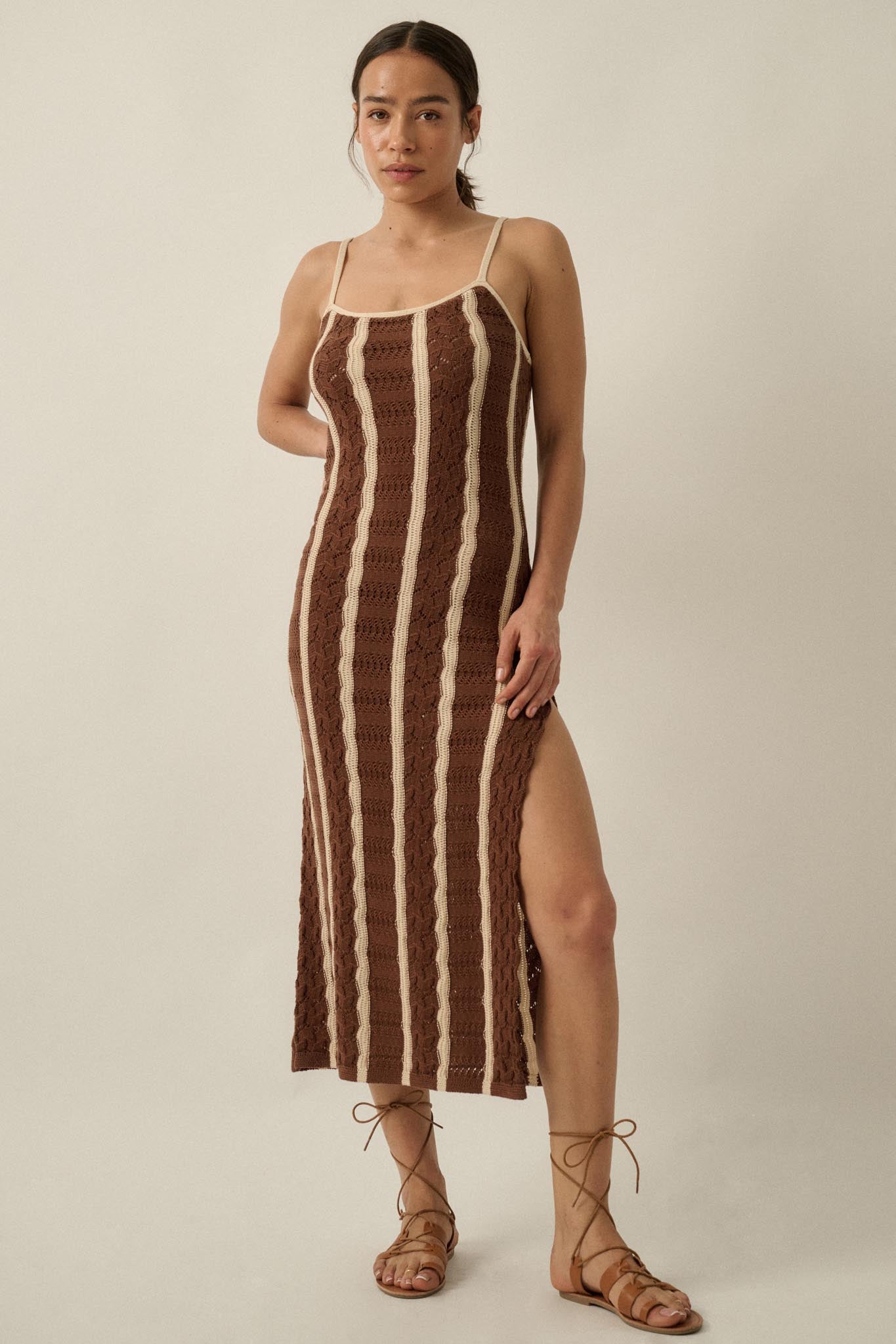 In My Lane Striped Crochet-Knit Midi Slip Dress