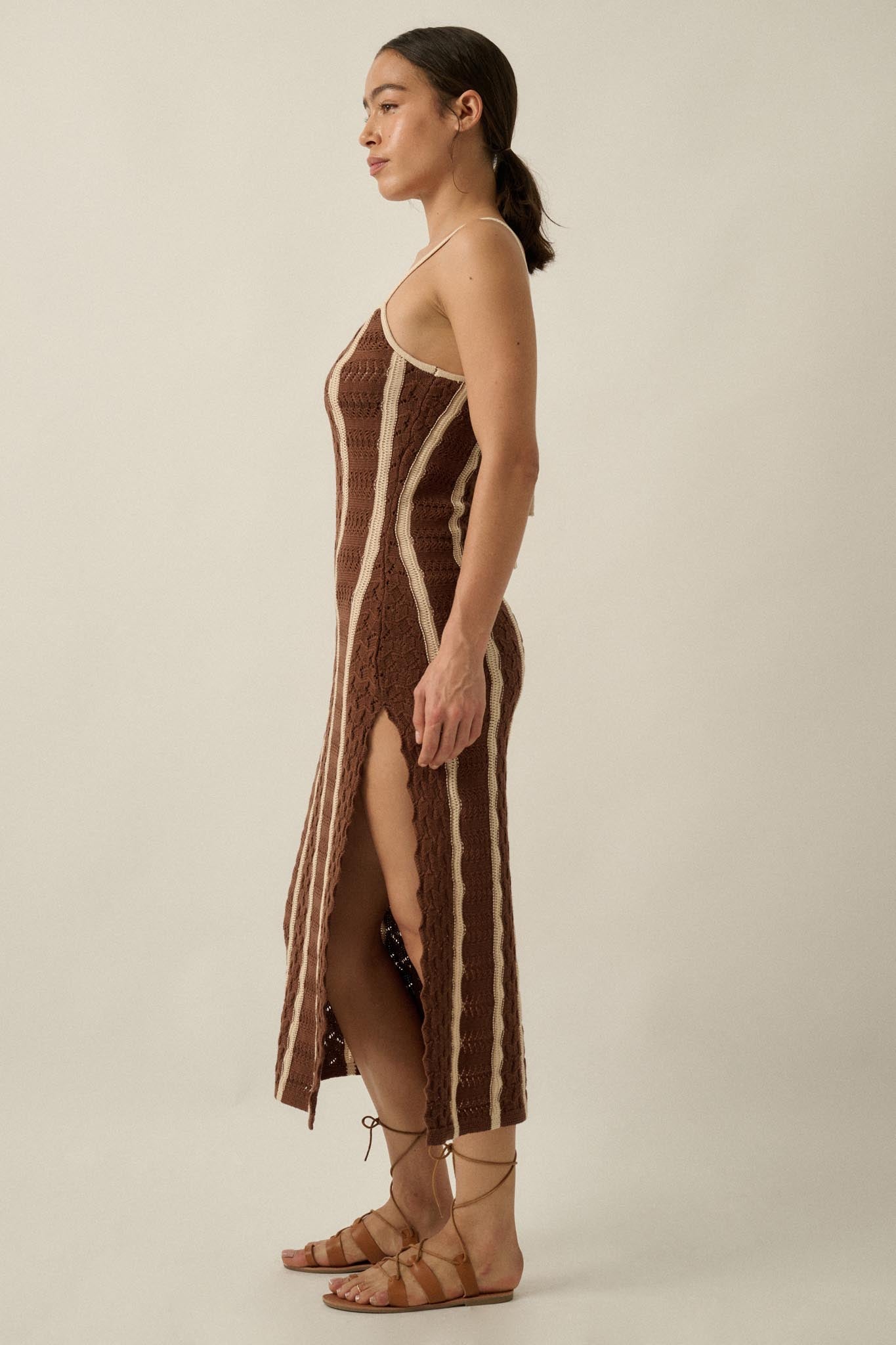 In My Lane Striped Crochet-Knit Midi Slip Dress