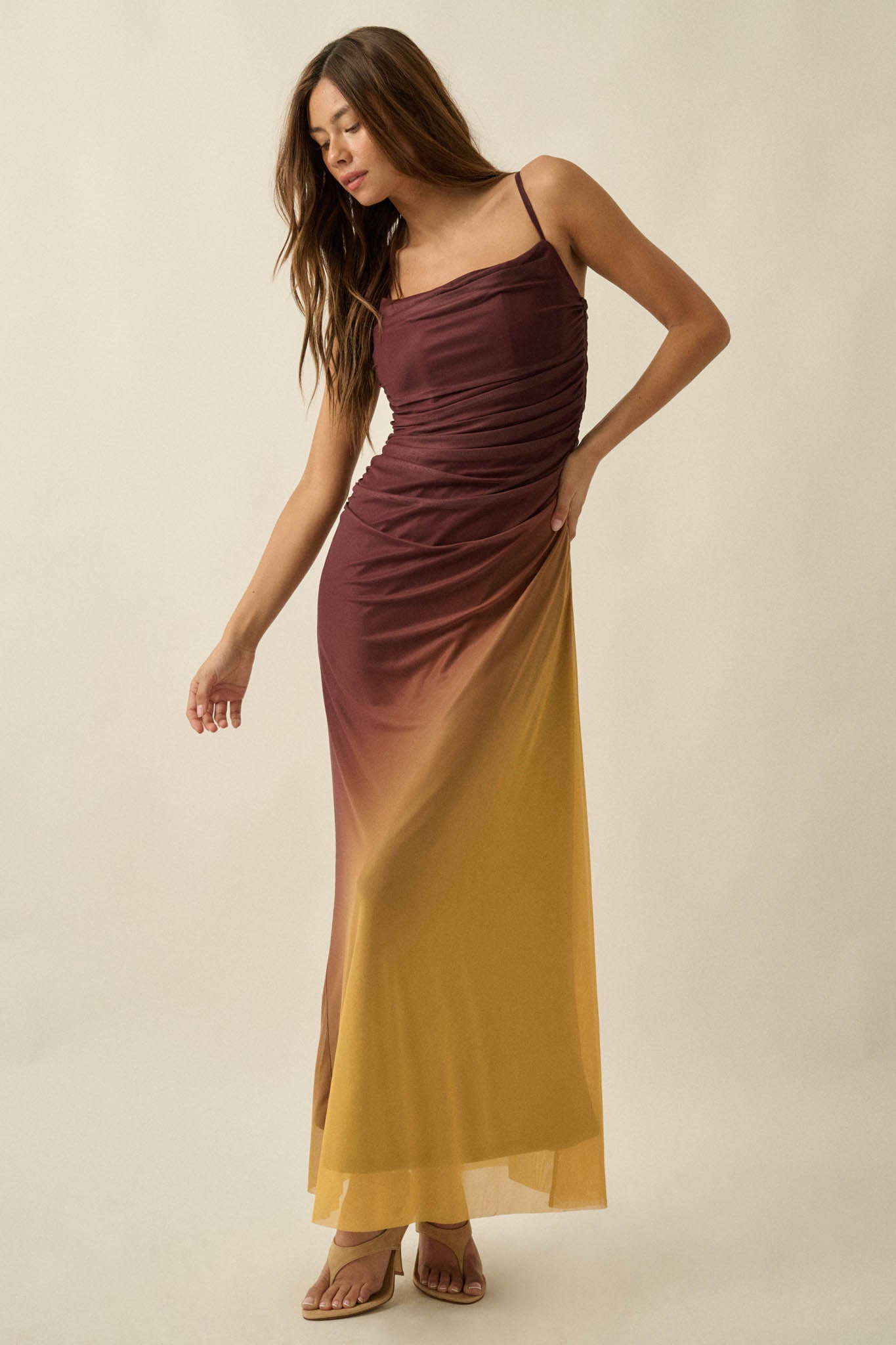 Shades of You Ombre Mesh Ruched Maxi Dress